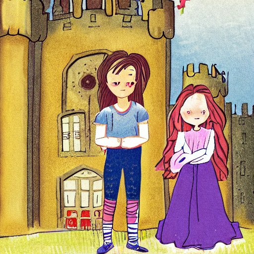 A young girl with long golden hair and a mischievous boy with dark hair, standing in front of a large castle.