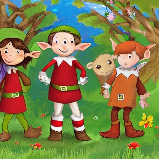  a small elf with pointy ears and a big smile, standing in a meadow with a group of friendly animals