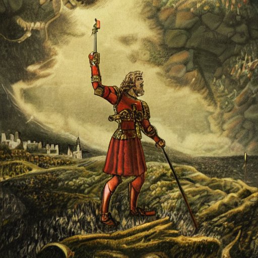 Sir Galahad standing victorious over the defeated dragon, with the castle in the background.