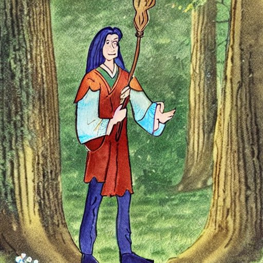 a young, handsome man with long, flowing hair and a magical staff in his hand, standing in front of a towering tree in a mystical forest