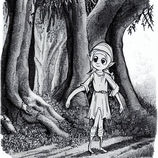 Swiftfoot, a quick-footed elf with sharp eyes, standing in a forest clearing with a mischievous spirit at her feet.