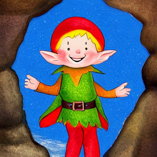 a small elf with pointy ears and a big smile, standing in front of a cave.